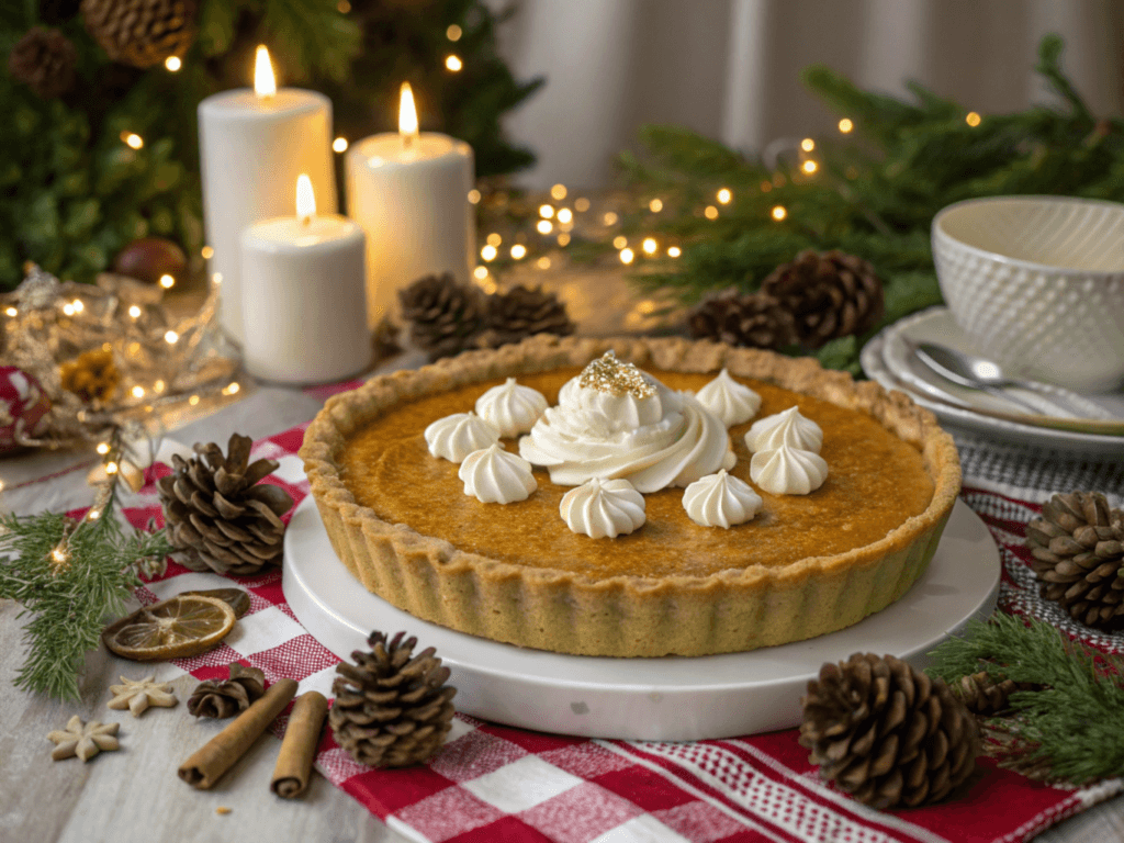 The Best Sweet Potato Pie Recipe 4 Sweet potato pie topped with whipped cream on a holiday-themed table with pinecones, candles, and festive décor