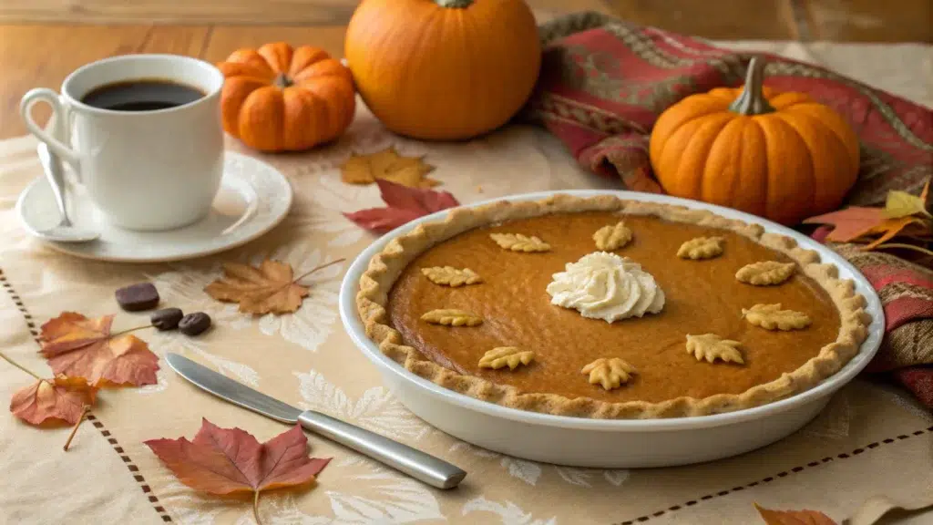Homemade Sweet Potato Pies 1 A beautifully decorated table with a sweet potato pie as the centerpiece. The pie is surrounded by autumn-themed decor, such as small pumpkins, fall leaves, and a warm-toned tablecloth. A serving knife is beside the pie, ready to cut into it, with a steaming cup of coffee nearby for a cozy atmosphere