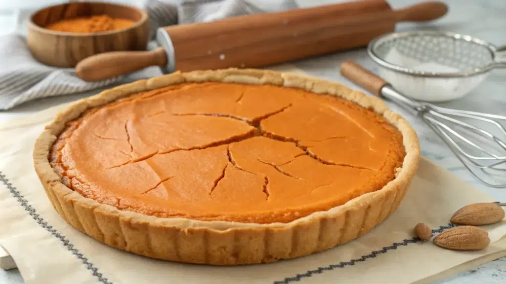 What Causes Sweet Potato Pie to Crack? 2 A close-up of a freshly baked sweet potato pie showing visible cracks on its smooth