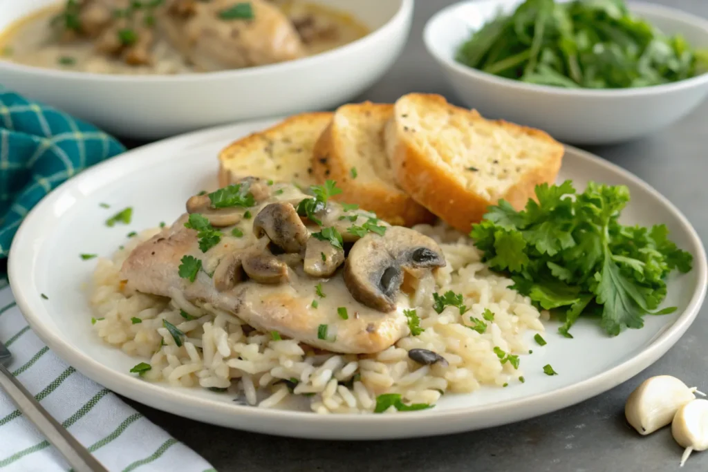 Cream of Mushroom Chicken and Rice Recipe 1 A serving of Cream of Mushroom Chicken and Rice on a white plate, garnished with parsley, with a salad and garlic bread on the side.
