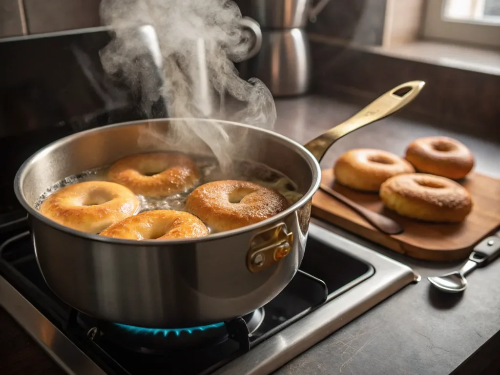 Sourdough bagels boiling in water on the stove.