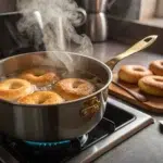 Are Sourdough Bagels Supposed to Rise? Master the Perfect Bake! 3 Sourdough bagels boiling in water on the stove.