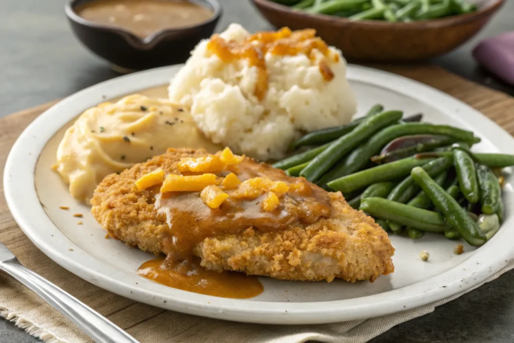 Ritz Cracker Chicken Recipe 2 A plated serving of Ritz Cracker Chicken with sides and garnish.