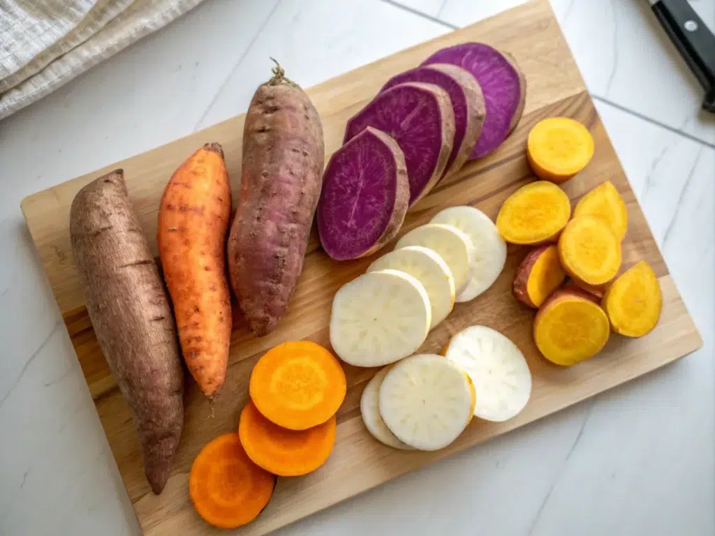 Which Color Sweet Potato is Healthiest? 3 Which Color Sweet Potatoes is Healthiest? A top-down view of orange, purple, white, and yellow sweet potatoes placed side by side on a cutting board. Each is sliced to reveal the vibrant inner colors, with small icons or labels representing their unique nutrients (e.g., a carrot for orange, a berry for purple). The background is a clean, white kitchen counter to symbolize health and freshness.