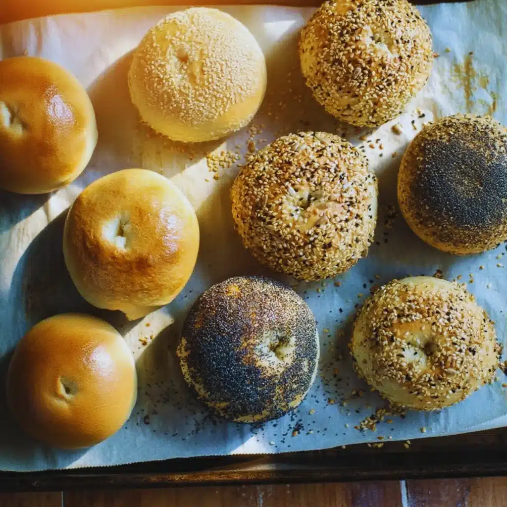 Assorted fresh bagels on a baking tray with sesame, poppy seed, and plain toppings