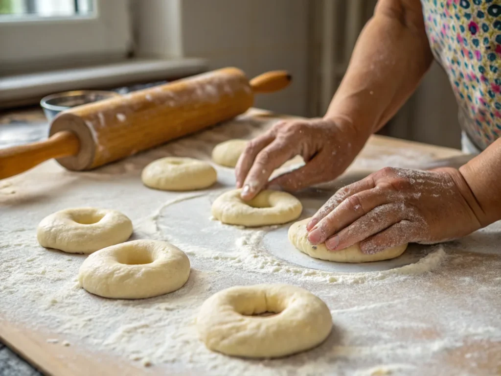 Hands shaping sourdough bagel dough on a floured counter.