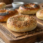 Golden brown sourdough bagels topped with sesame and poppy seeds, displayed on a rustic wooden board
