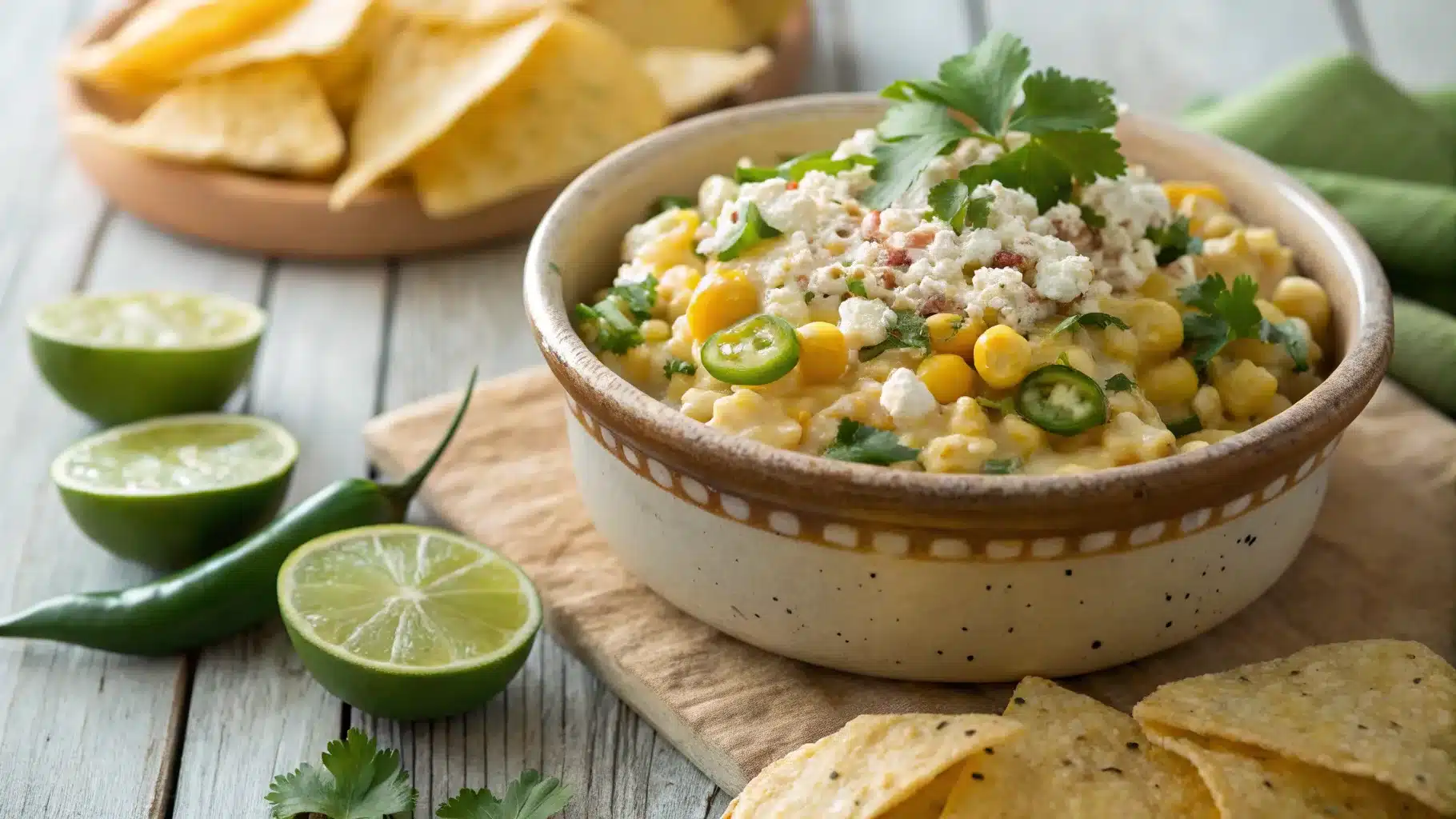 Mexican corn dip served in a rustic bowl with chips and lime wedges.