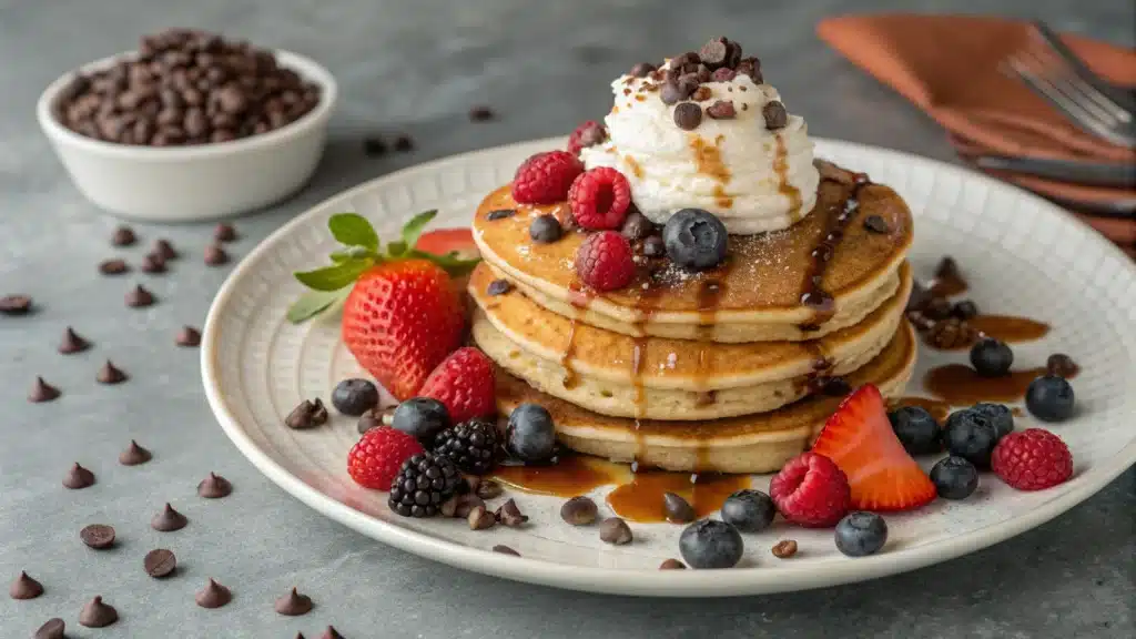 Pancakes with a variety of toppings like berries, whipped cream, and chocolate chips.