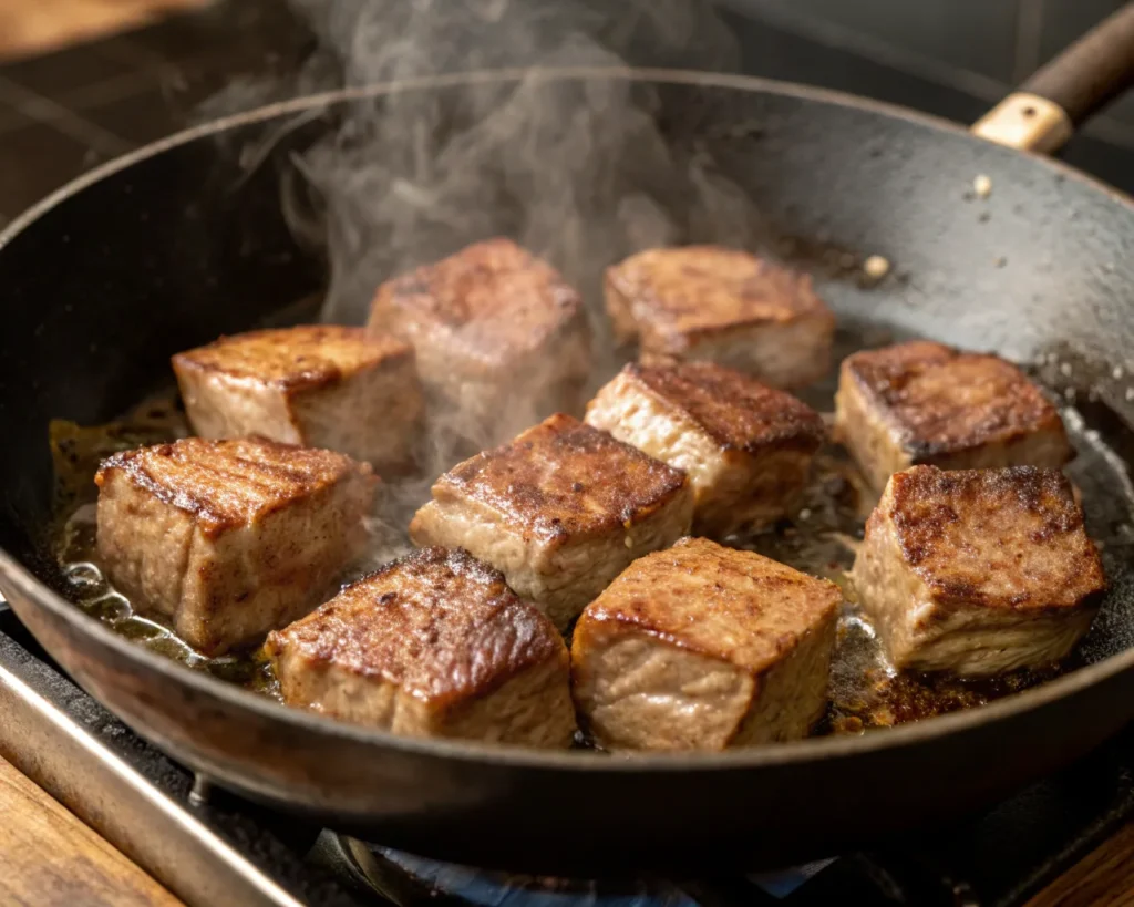 Steak cubes searing in a hot skillet