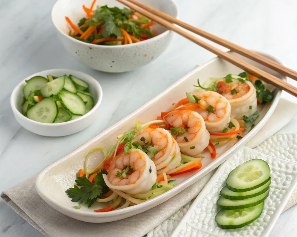 Thai Shrimp Spirals served with cucumber salad