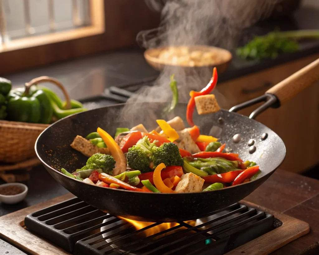 Stir-frying vegetables and protein for Lo Mein