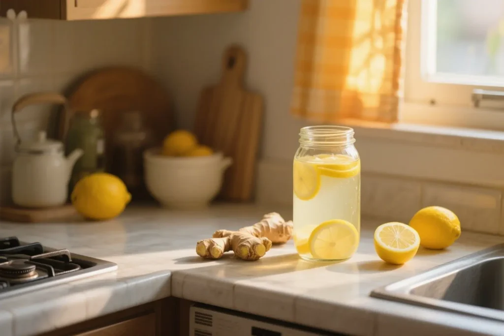 Natural Mounjaro drink in a mason jar with lemon and ginger