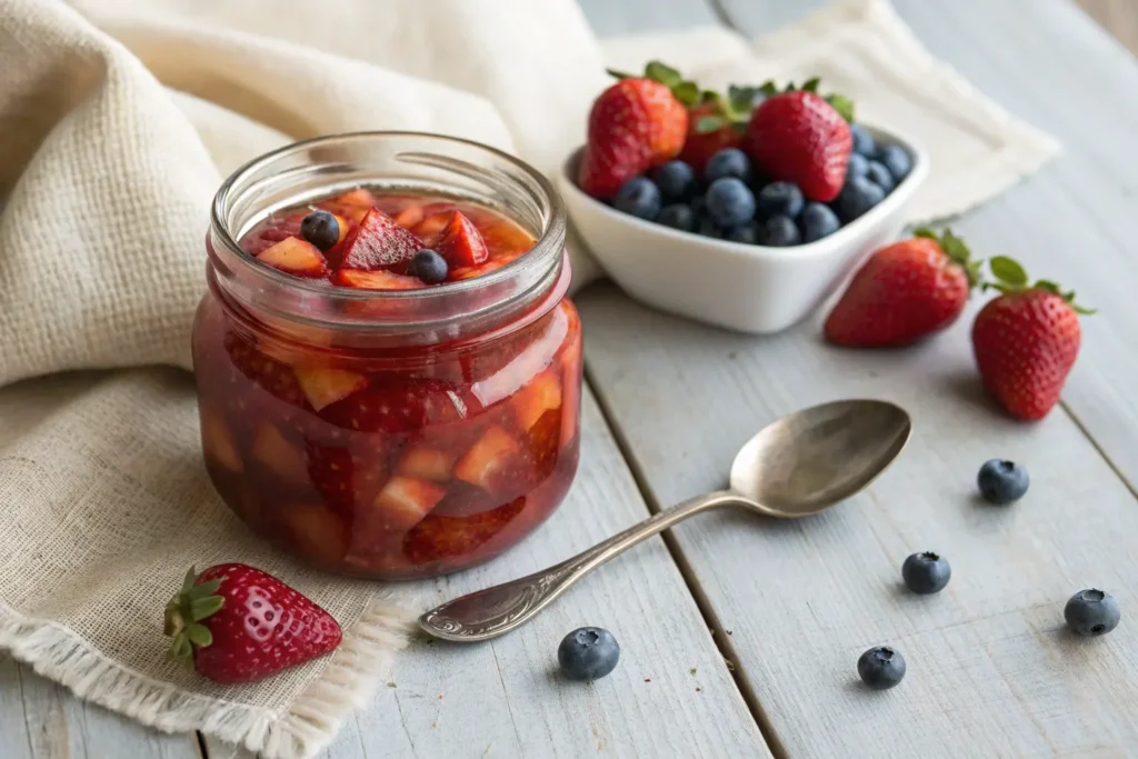 Jar of mixed berry compote with spoon