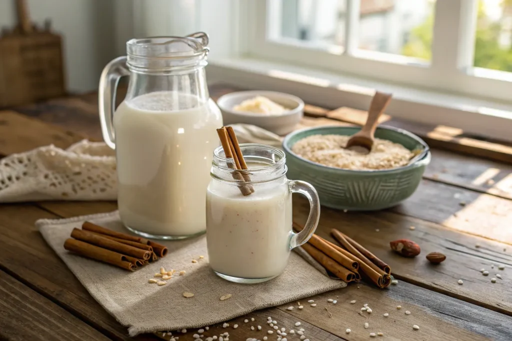 Homemade horchata in mason jars on a wooden table
