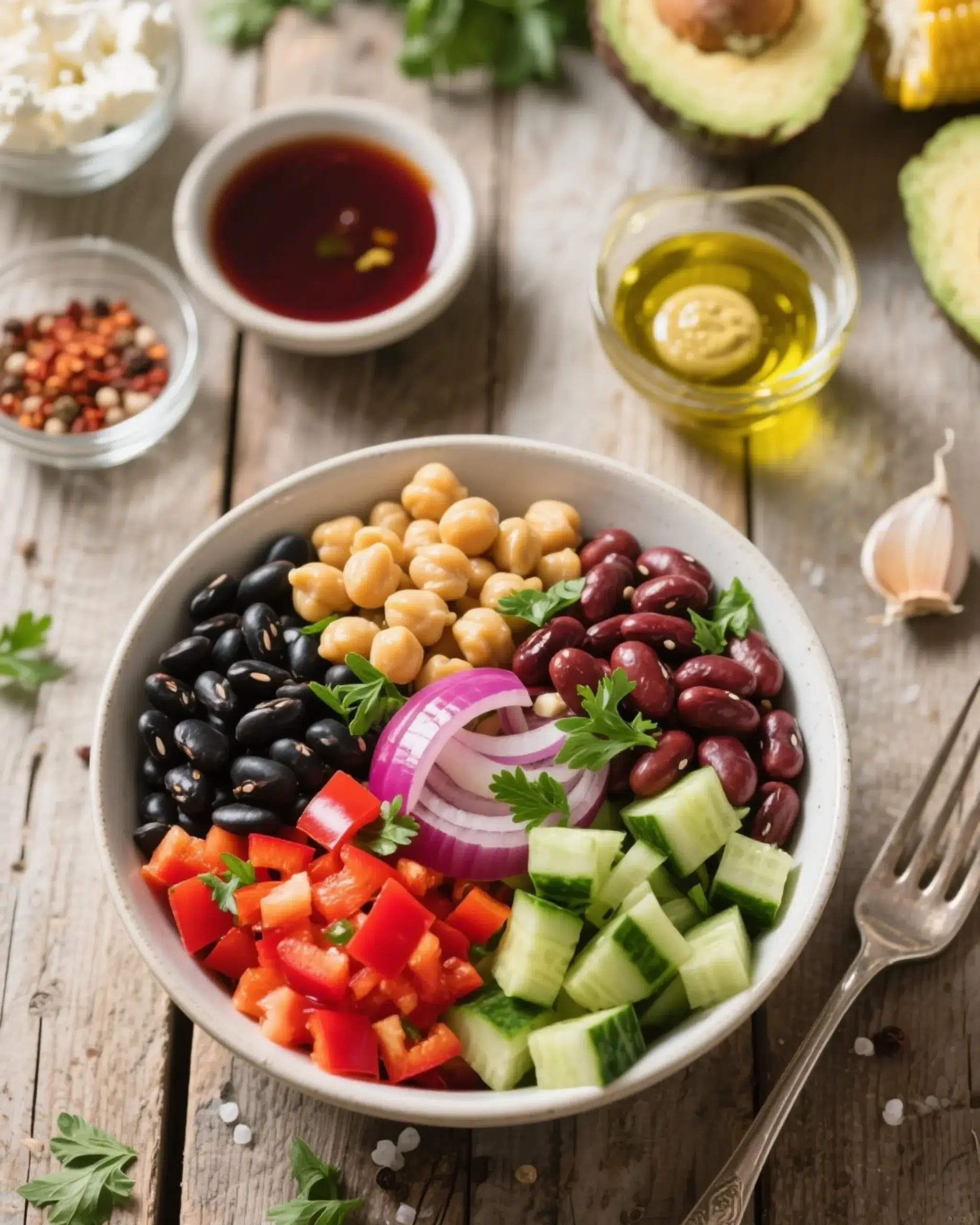 Dense bean salad with fresh vegetables and herbs