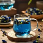 Vibrant blue butterfly pea tea in a glass cup with dried flowers