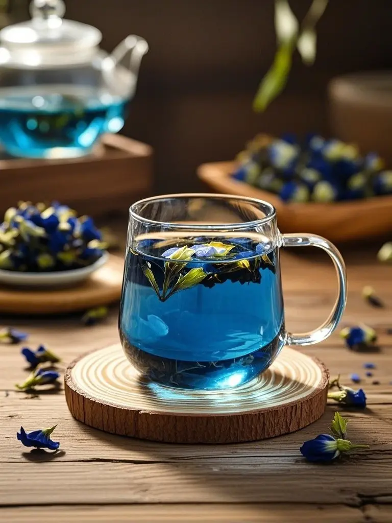 Vibrant blue butterfly pea tea in a glass cup with dried flowers