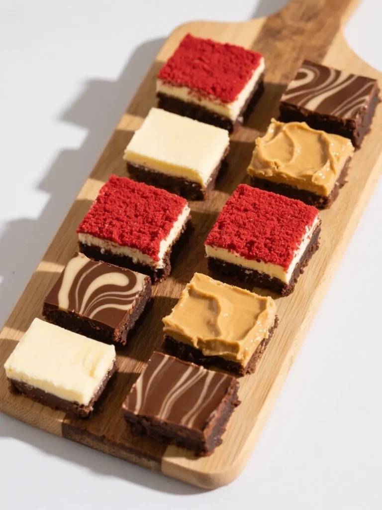 Assorted flavored cheesecake brownies on board
