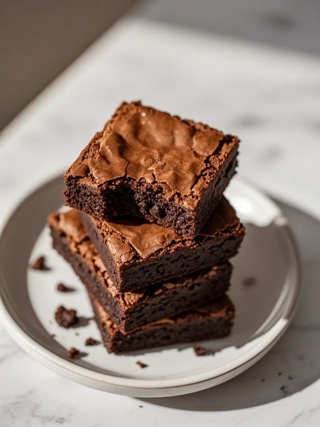 Stack of chewy brownies with gooey center