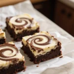 Close-up of swirled cheesecake brownies on parchment