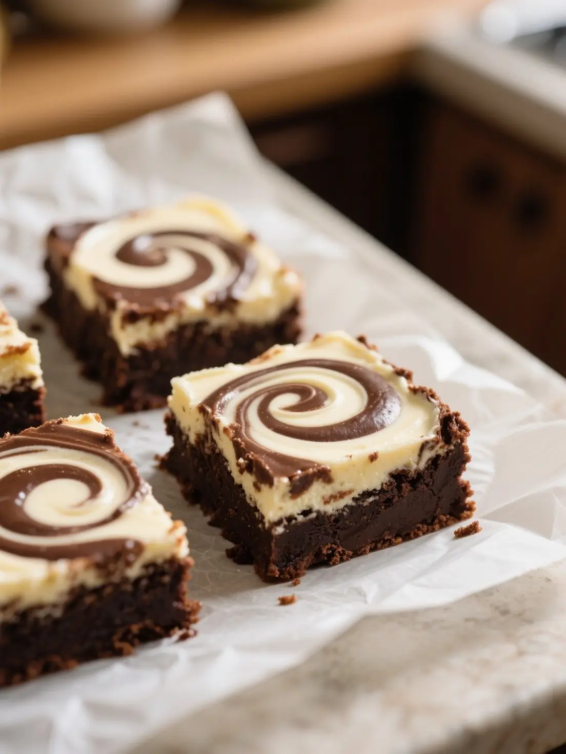 Close-up of swirled cheesecake brownies on parchment