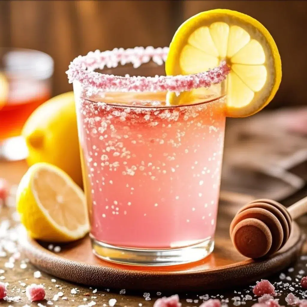 Pink salt detox drink with lemon slice and salt-rimmed glass