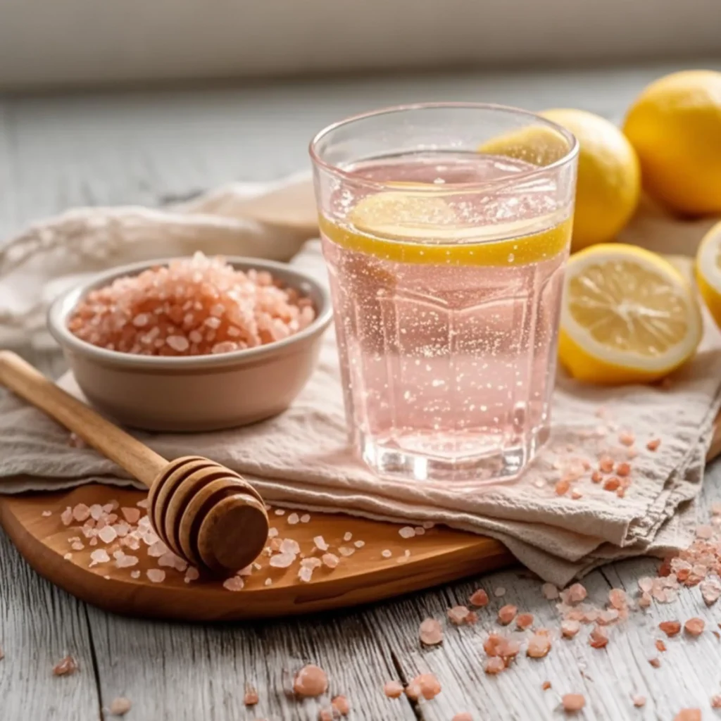 Glass of pink salt lemon water on a wooden board with Himalayan salt and honey