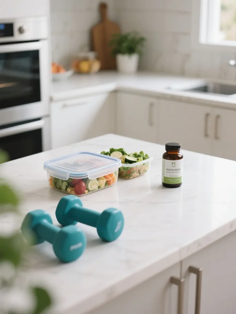 Healthy lifestyle setup with food, weights, and supplement