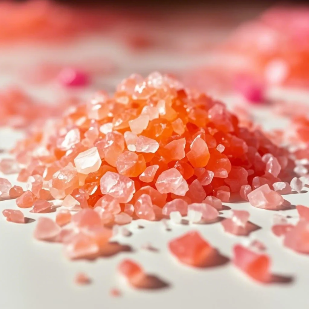 Coarse pink Himalayan salt crystals on a white background