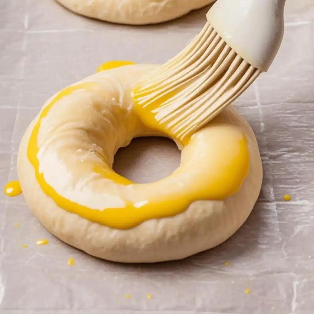 egg wash being brushed on raw protein bagel before baking