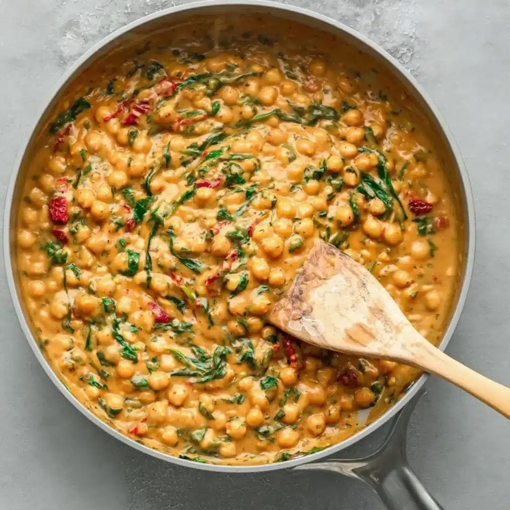 Creamy Marry Me Chickpeas with spinach and sun-dried tomatoes in a skillet