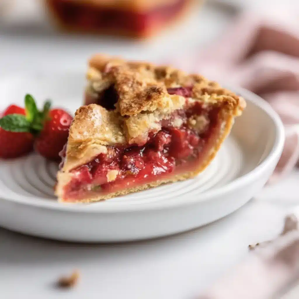 Slice of strawberry rhubarb pie with golden crust and juicy filling
