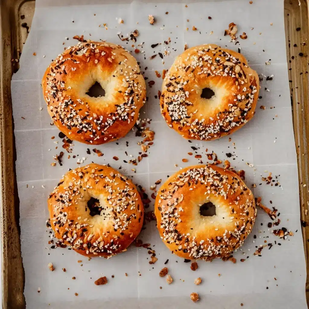 freshly baked protein bagels with everything seasoning on a tray