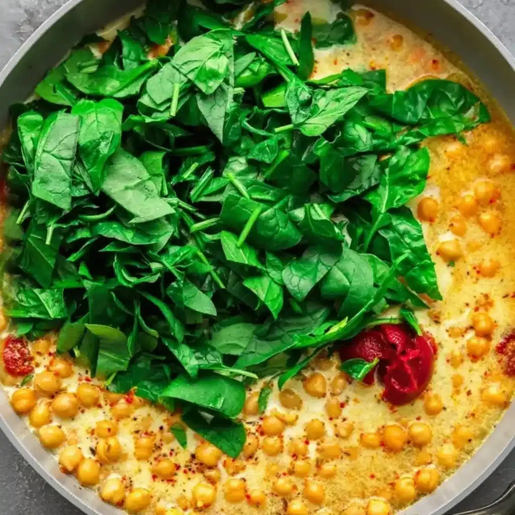 Uncooked chickpeas, spinach, tomato paste, and vegan cream in a pan