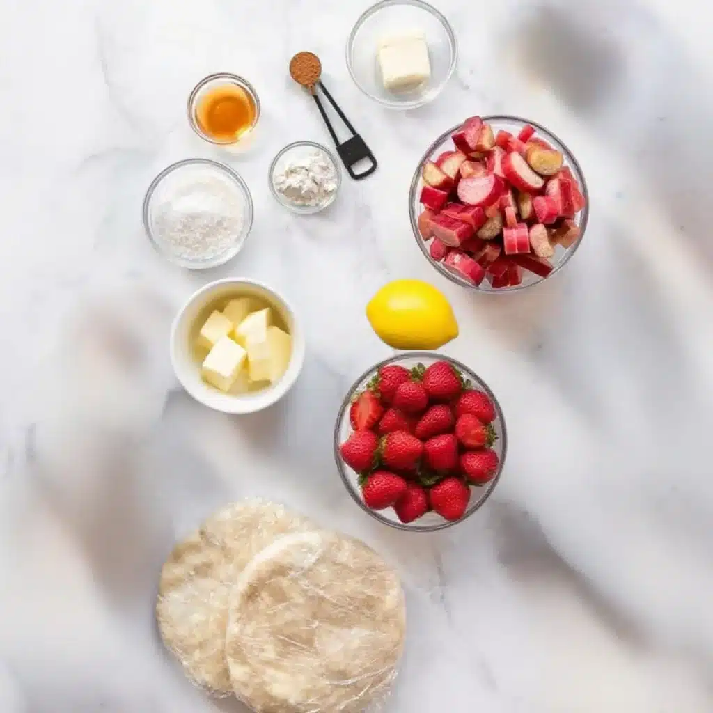 Pie ingredients including strawberries, rhubarb, butter, sugar, and crust dough