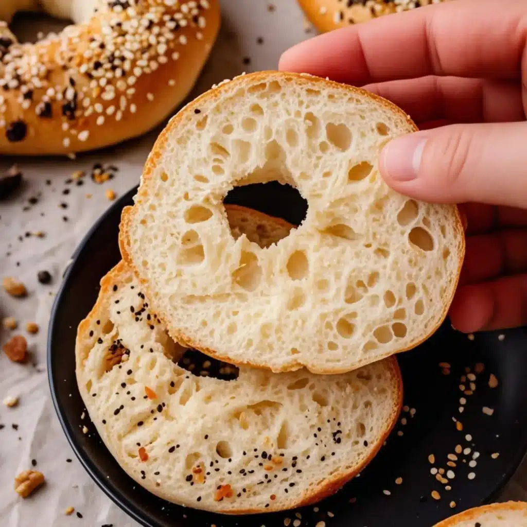 sliced open protein bagel showing airy inside texture