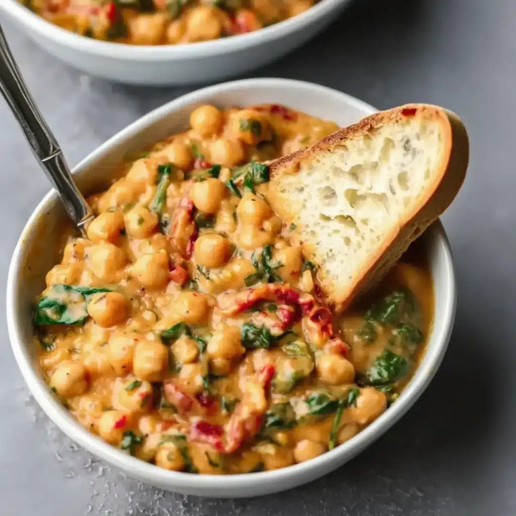 Bowl of creamy chickpeas with sun-dried tomatoes and spinach, served with bread