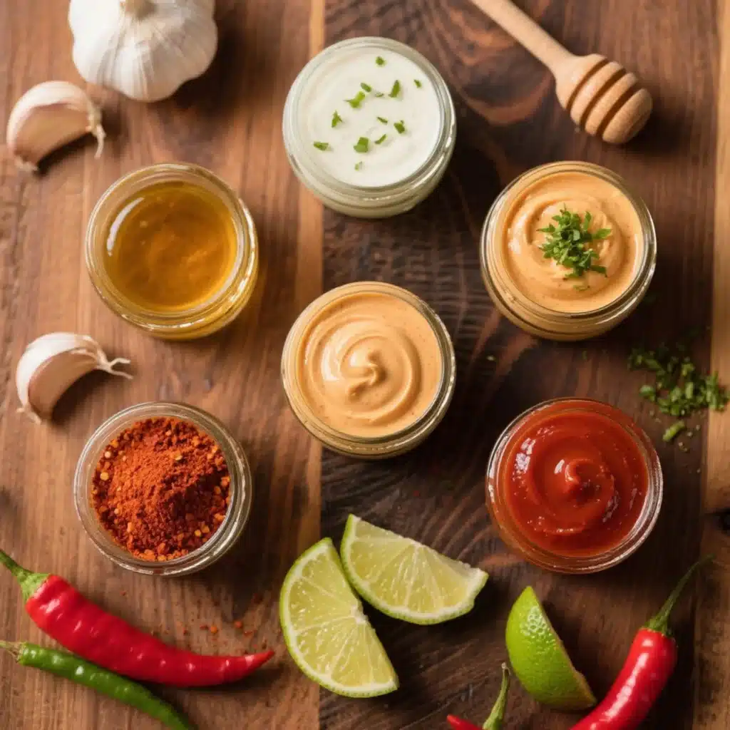 Different flavor variations of chipotle mayo in small bowls