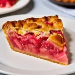 Close-up of a rhubarb pie slice on a white plate