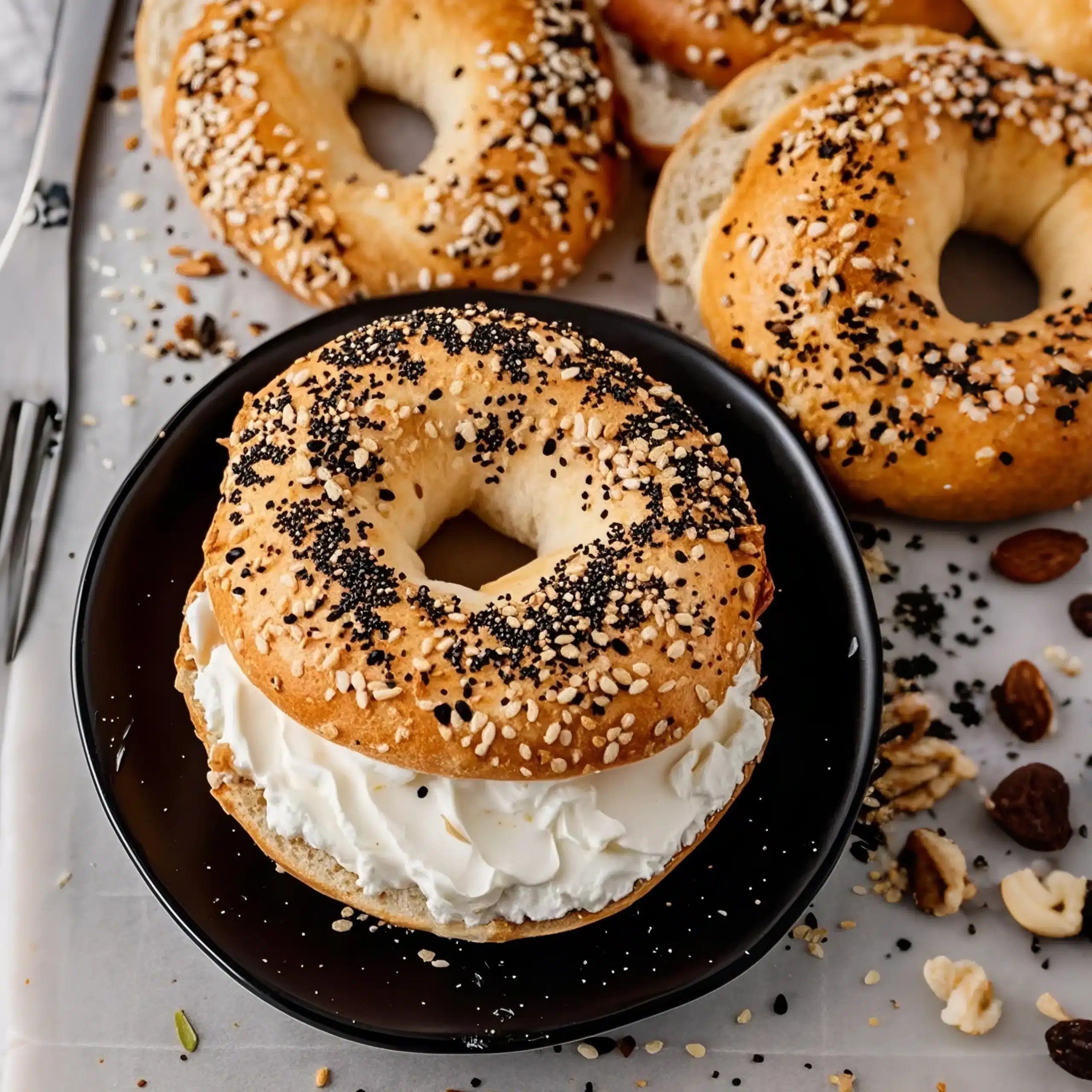 protein bagel sandwich with cream cheese on a plate