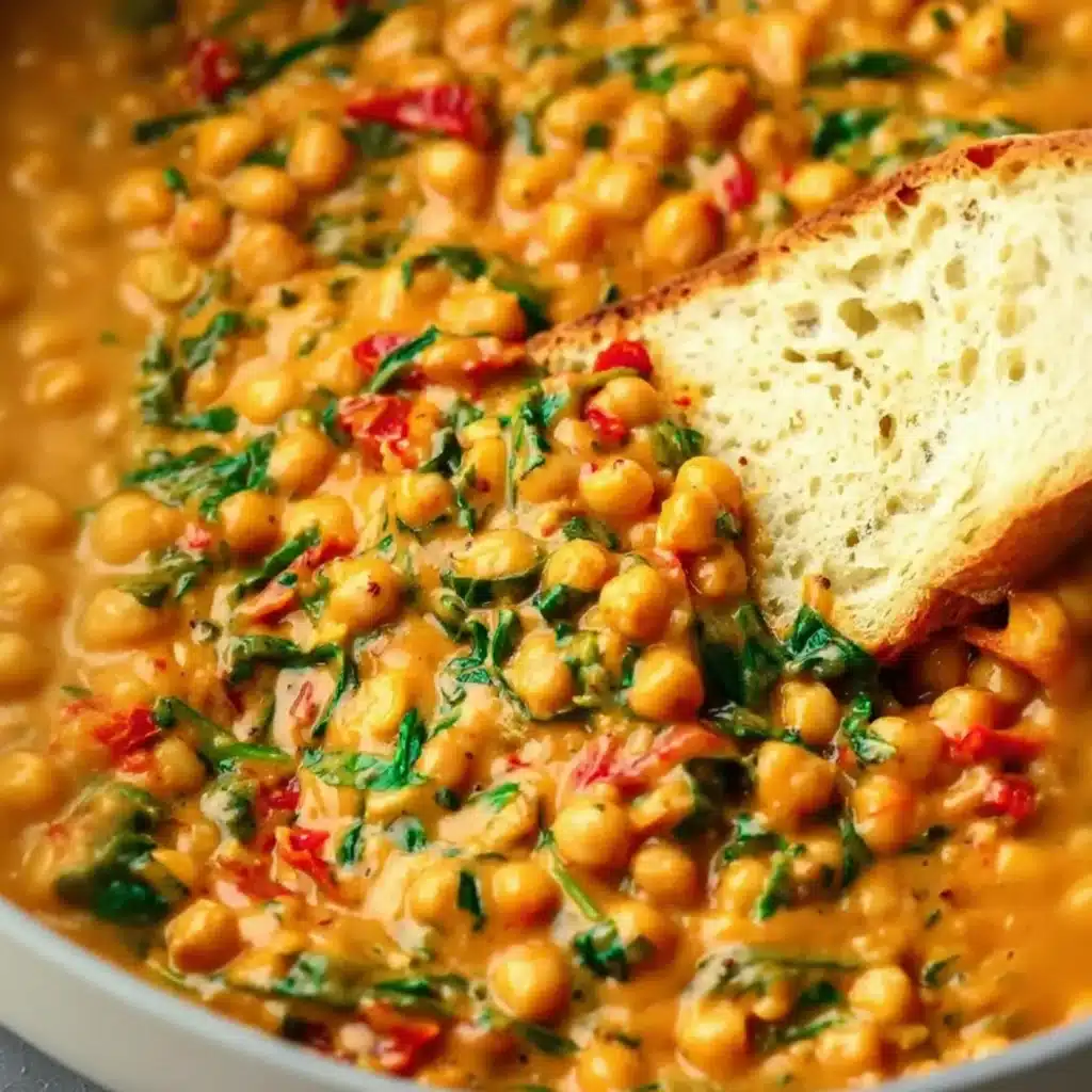 Creamy chickpeas with spinach and tomatoes, served with bread in the pan