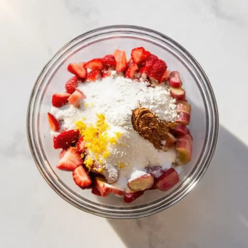 Fruit filling with sugar, cinnamon, and zest for rhubarb pie