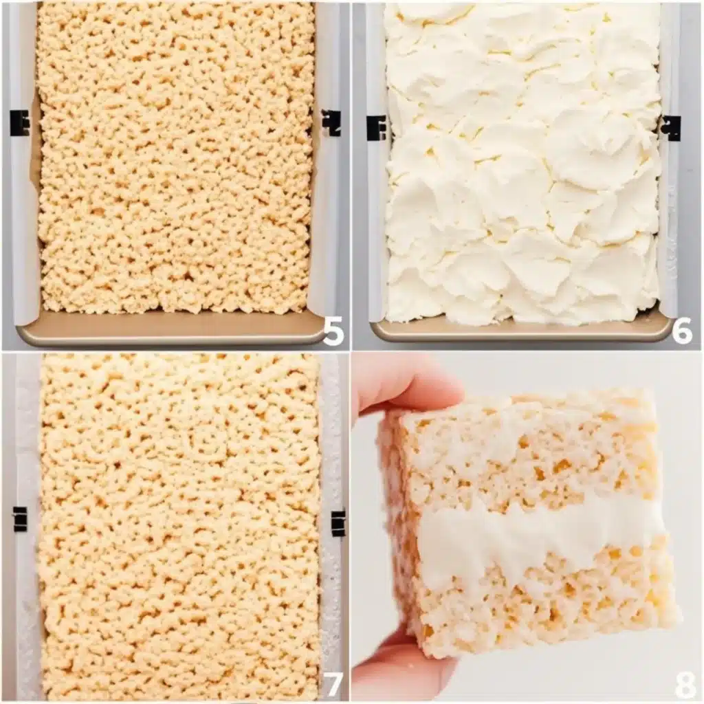 step-by-step layering process for rice krispie and ice cream sandwiches