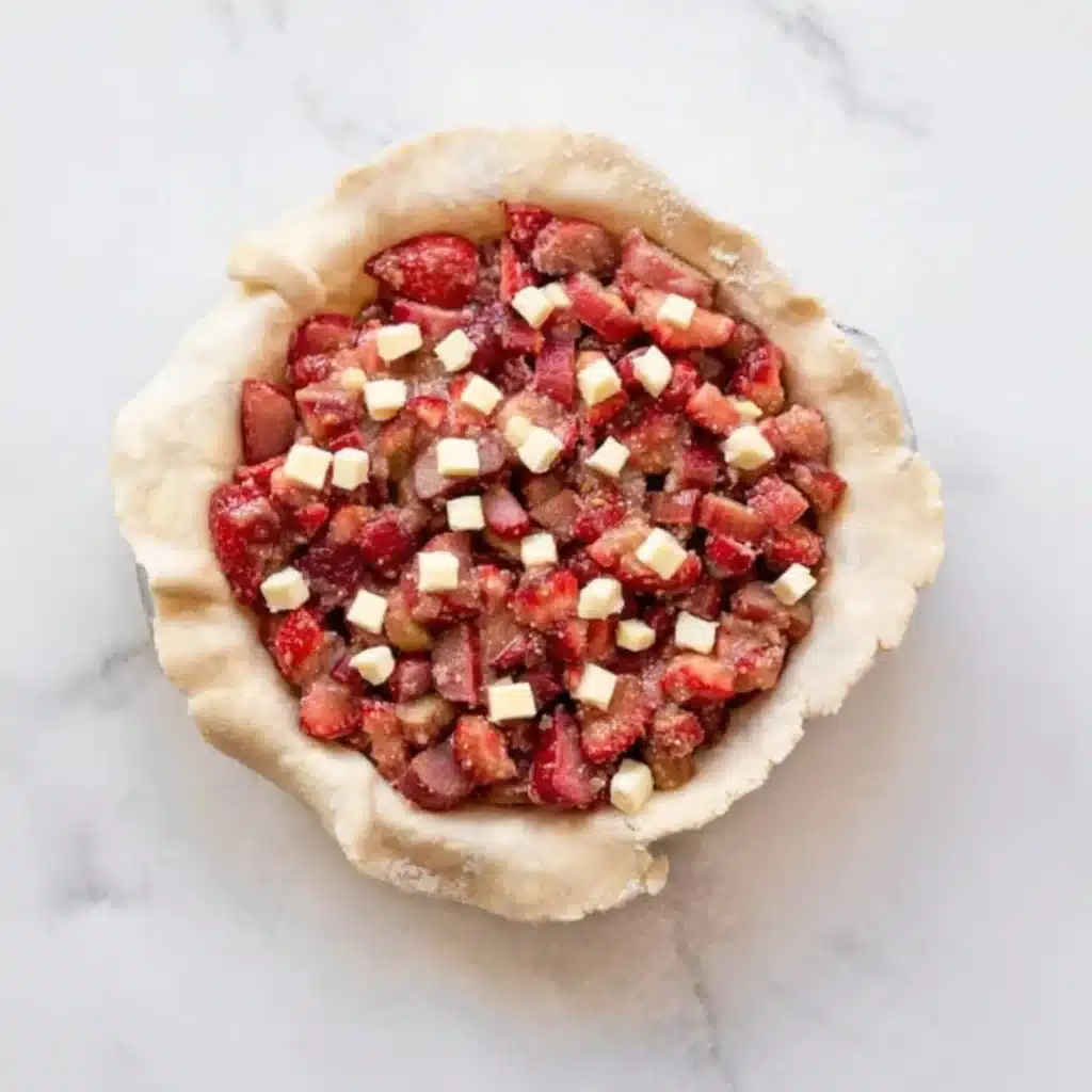 Pie crust filled with strawberry rhubarb and butter cubes
