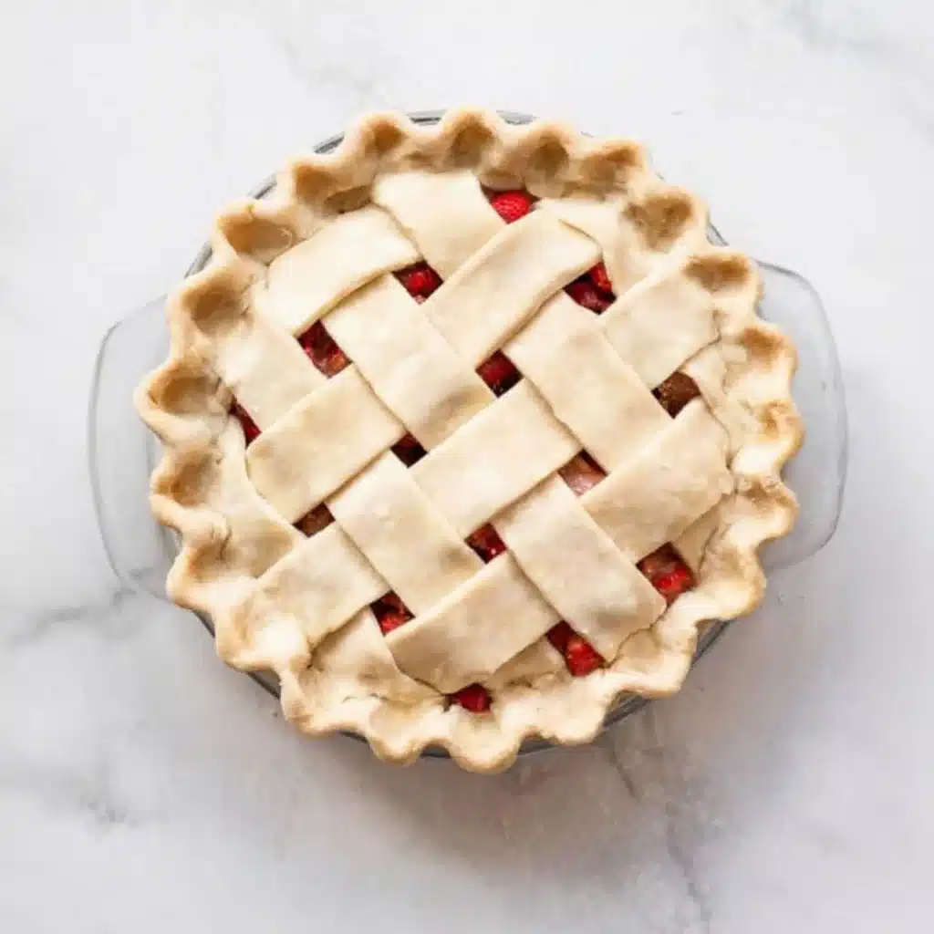 Unbaked lattice-top strawberry rhubarb pie