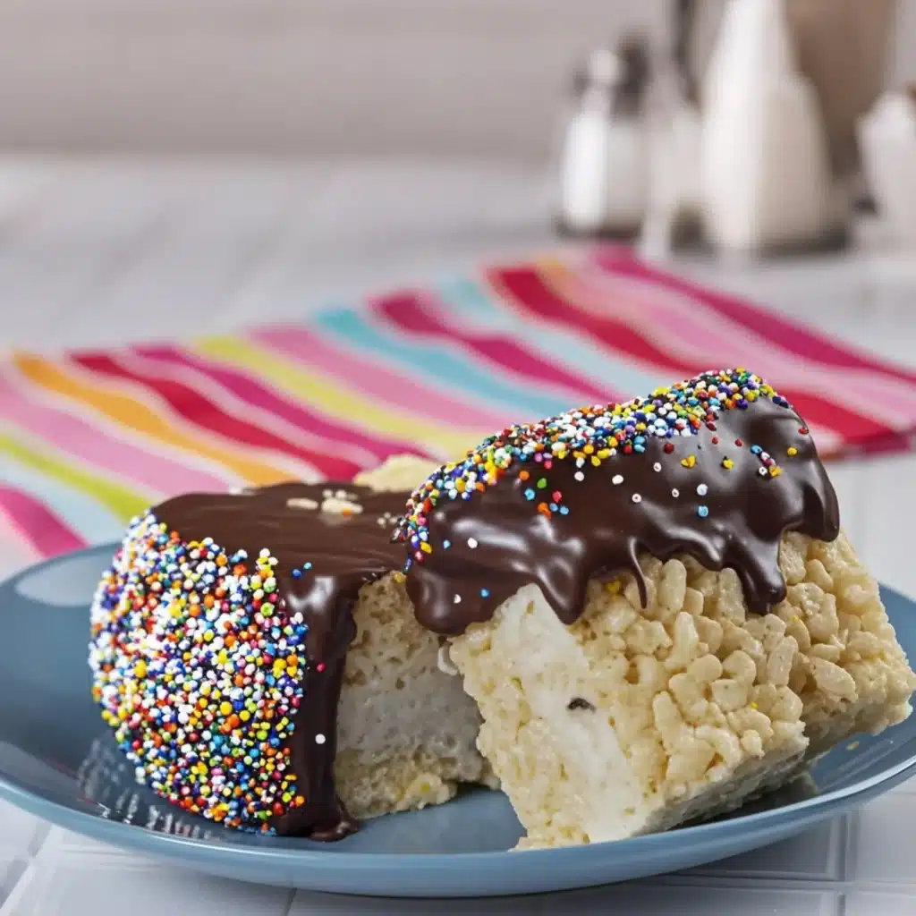 chocolate-dipped rice krispie ice cream sandwiches with rainbow sprinkles