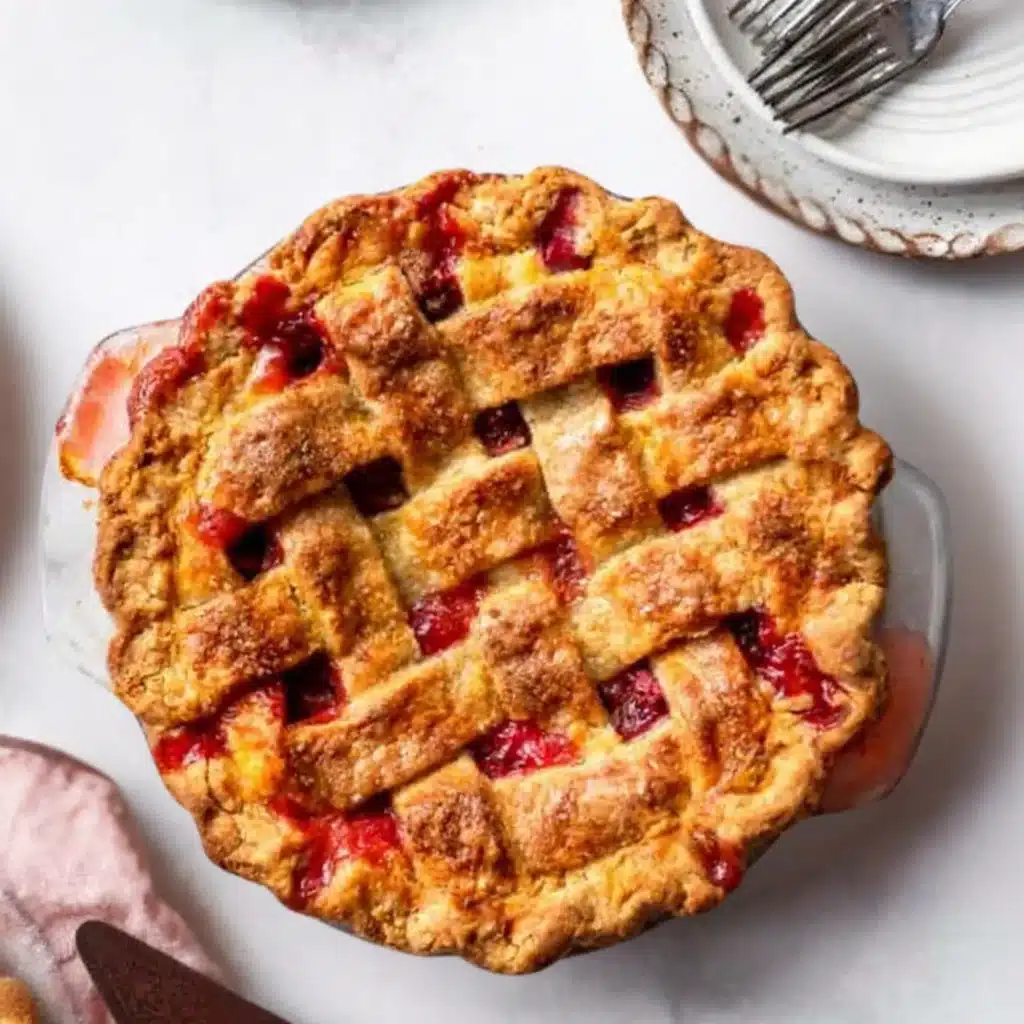 Baked strawberry rhubarb pie with golden lattice crust