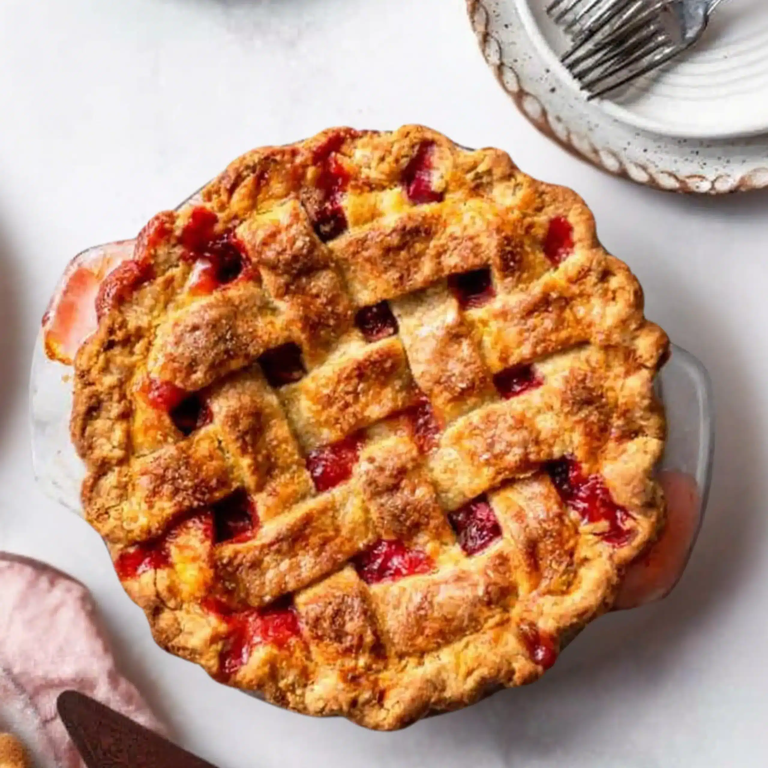 Baked strawberry rhubarb pie with golden lattice crust