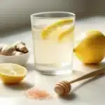 Glass of pink salt lemon detox drink with fresh ginger, lemon, and honey